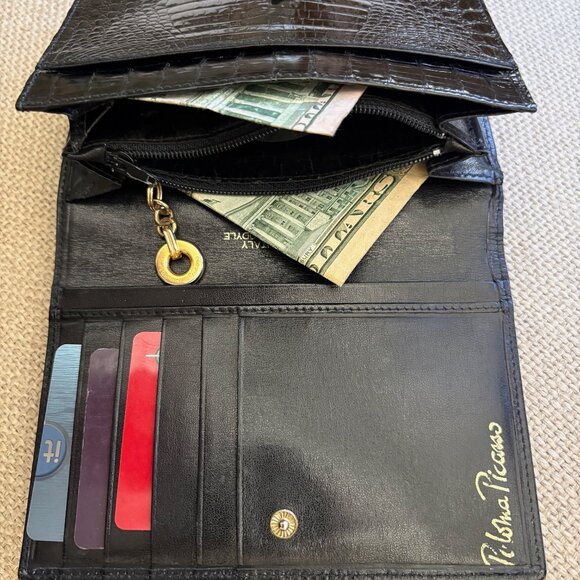 GENUINE CROCODILE Bi-Fold Women's Wallet Goldtone Paloma Picasso Couture ITALY - Picture 15 of 16